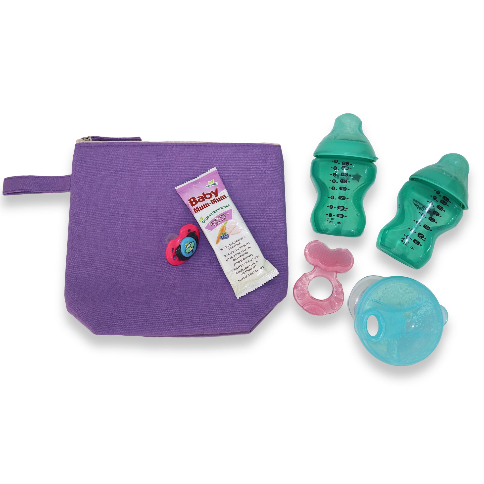 Cooler bag in purple fits 2 bottles, formula, snacks, dummy and teether.