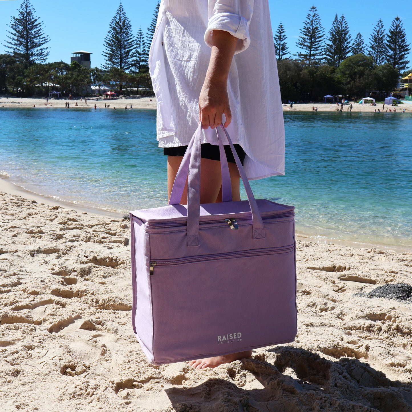 Picnic cooler in lilac in action at Tallebudgera Creek